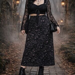 Whimsy Goth Dark Floral Purple Maxi Skirt Back Slit Unique Dark Academia Witchy